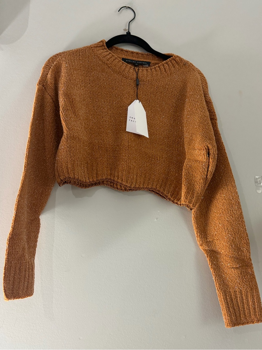 English Factory Cropped Crewneck Sweater in Rust Brown